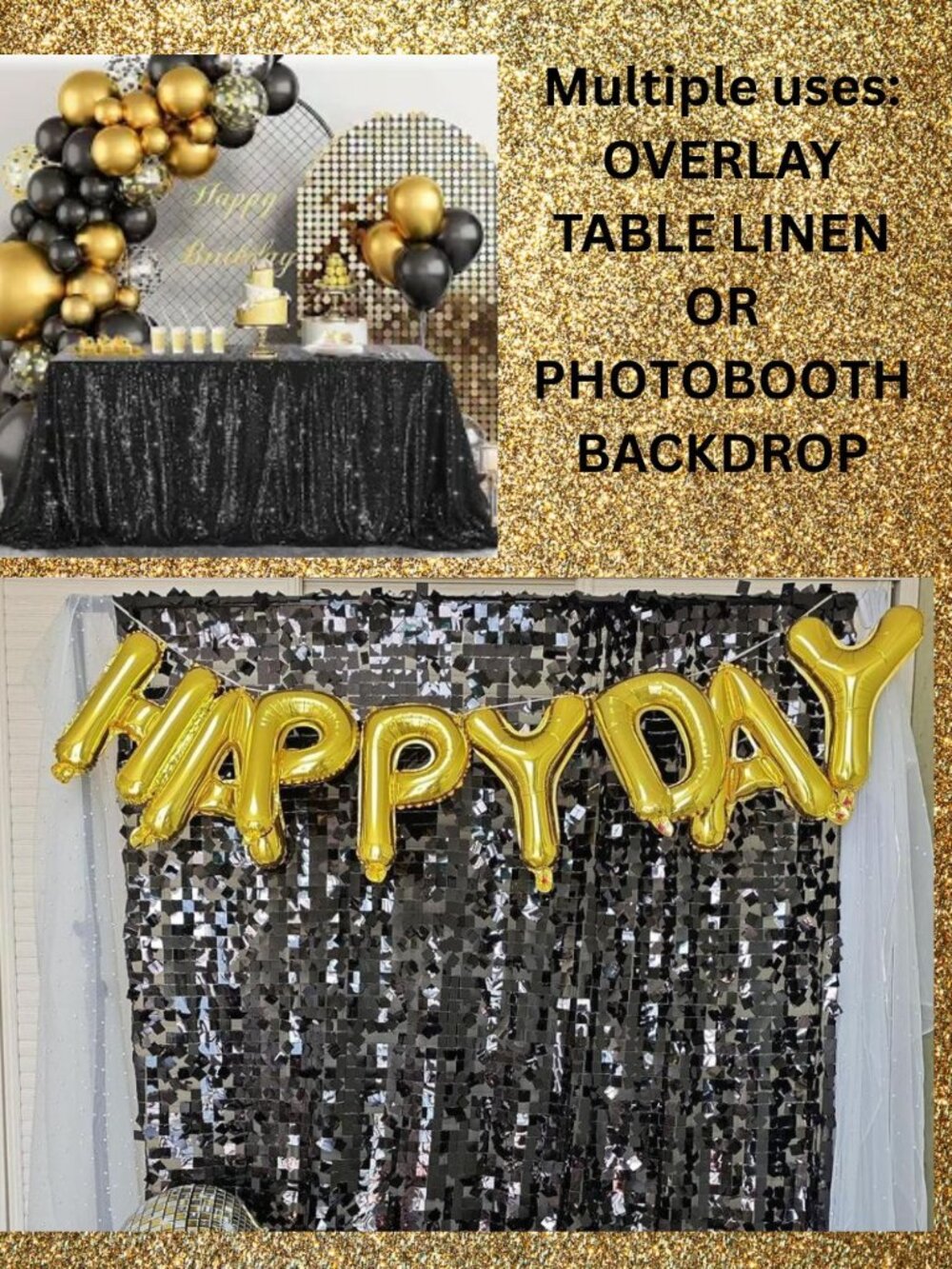Black Square Sequin Backdrop Curtain 8x6 FT Wedding photo Overlay table linen |